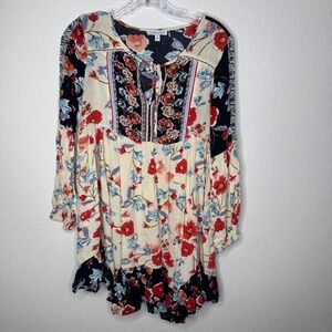 Patrons of Peace Floral Print Tunic Dress Womens XS Cream Long Sleeve Boho
